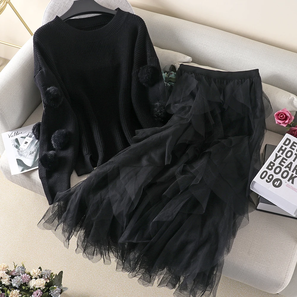 2019 осенне-зимний женский комплект с юбкой модный розовый вязаный свободный