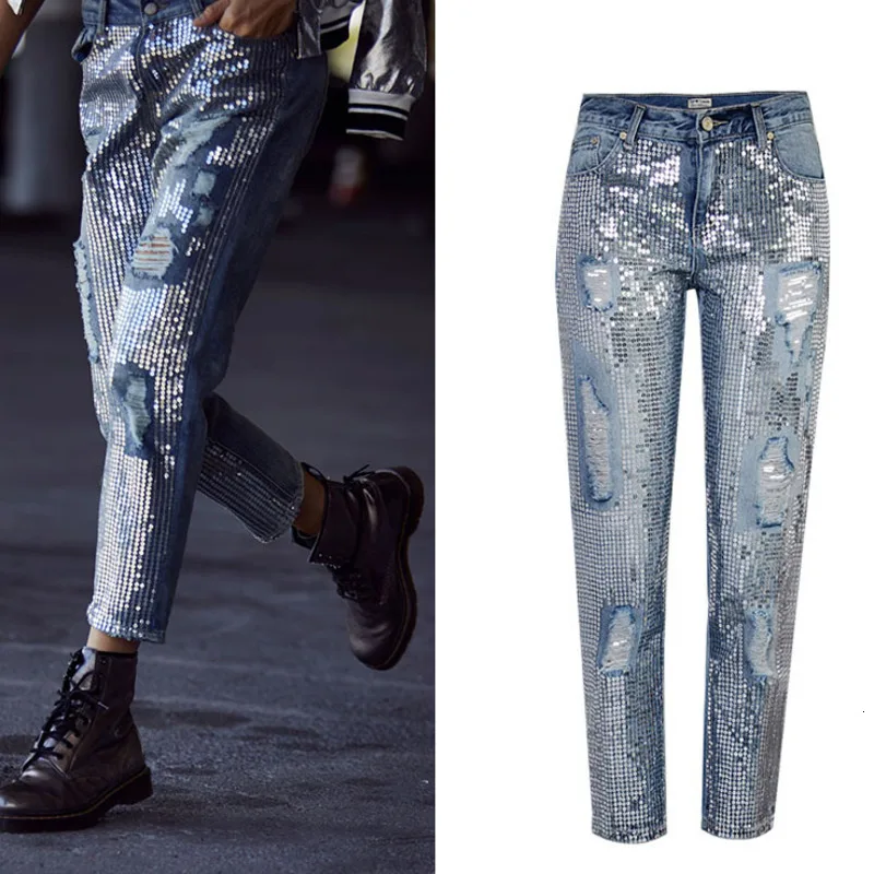 MEVGOHOT/модные женские джинсы с блестками и высокой талией прямые блестящие больших
