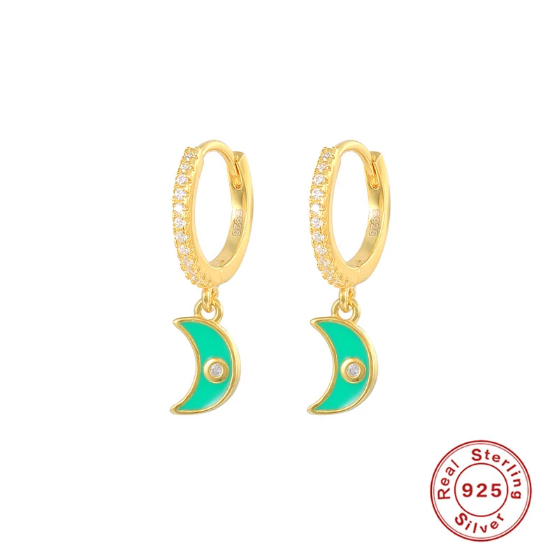 

Aide 925 Sterling Silver Colorful Enamel Moon Hoop Earrings For Women Luxury Pave Zircon Circle Earring Charm Jewels Party Gift