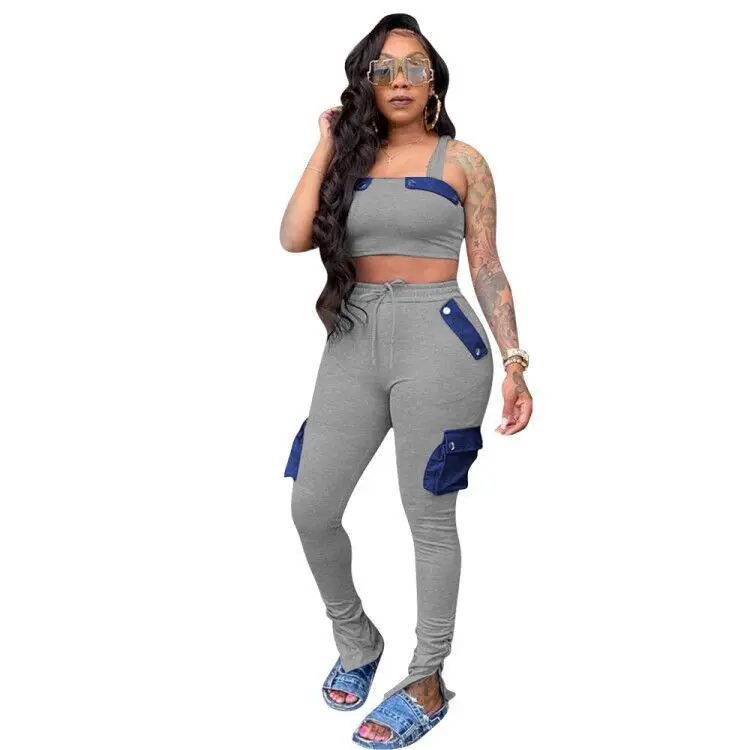 

Fashion Sportwear Women Solid Color Outfits Casual Spaghetti Strap Sleeveless Crop Tops Lace-up High Waist Pants Tracksuits