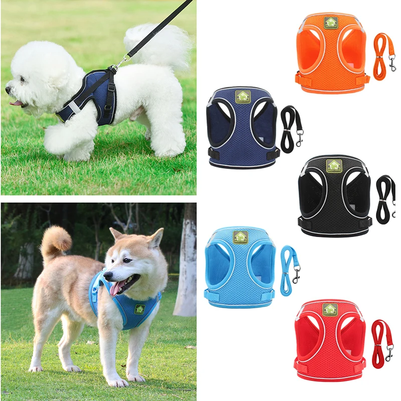 Nylon Mesh Puppy Dog Harnesses Vest Reflective Dog Harness and Leash Set for Cat Dog Pug Small Medium Walking Lead Leash