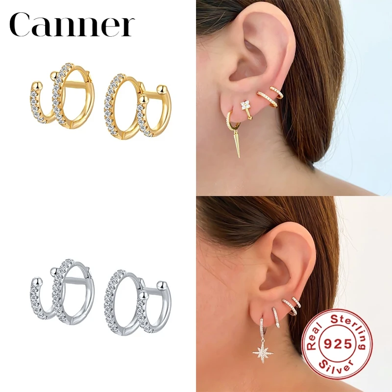 

Canner Luxury 100% 925 Sterling Silver Hoop Earrings For Women Bling Double Layer Zircon Earrings Fine Jewelry pendientes W5