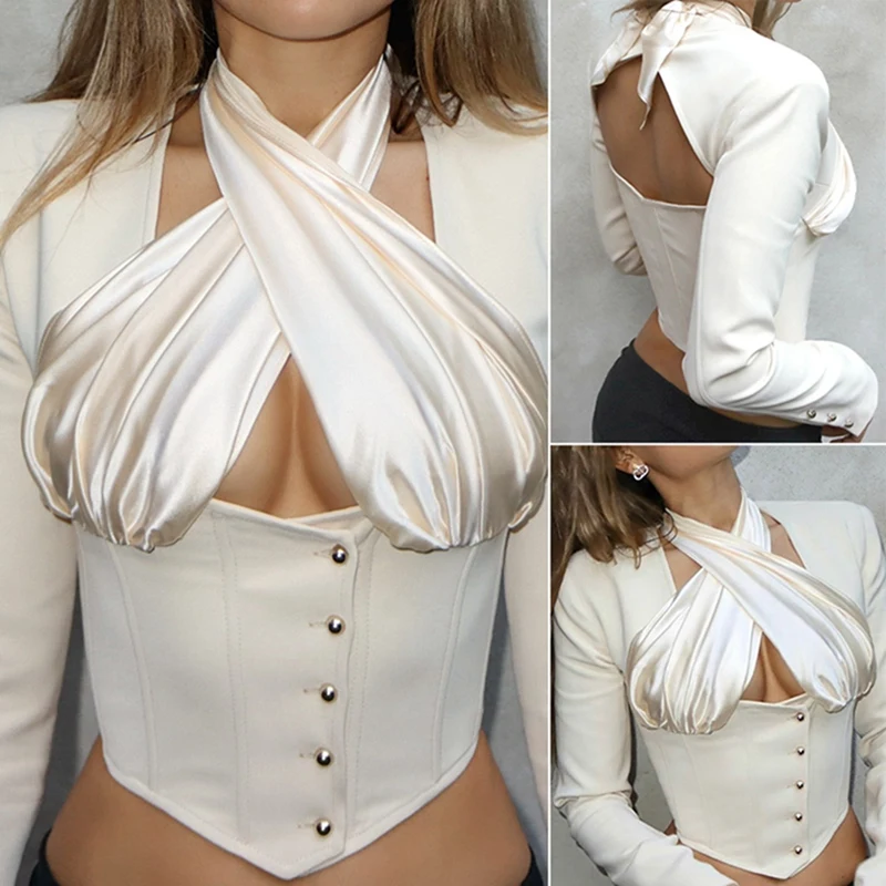 

Women's Fashion Sexy Long Sleeve Hollow Halter Wrapped Chest Tunic Top White