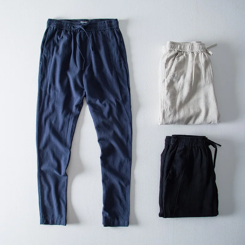 

Flax and Cotton Pants Men Ankle-length Solid Fashion Male Pants Casual Elastic Waist Trousers Mens Brand Clothing Fall Chandail