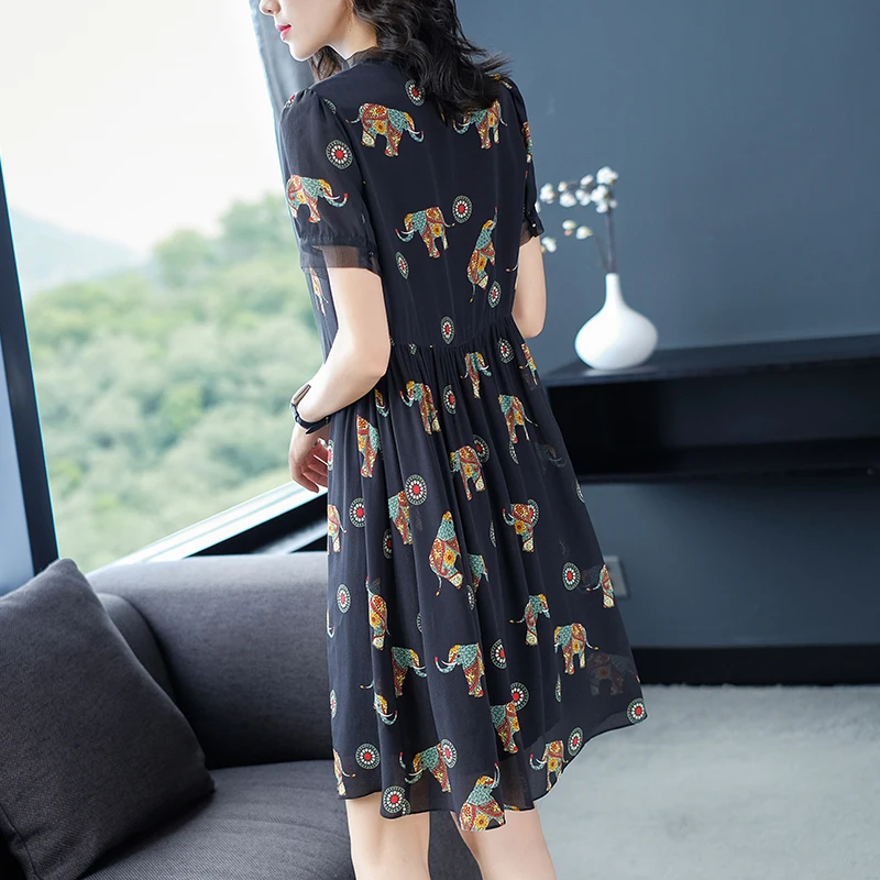 100% Real Silk Black Women's Dresses 2022 Summer Elegant Fashion O-neck Short Sleeve Vintage Print Loose Woman Straight Dress | Женская