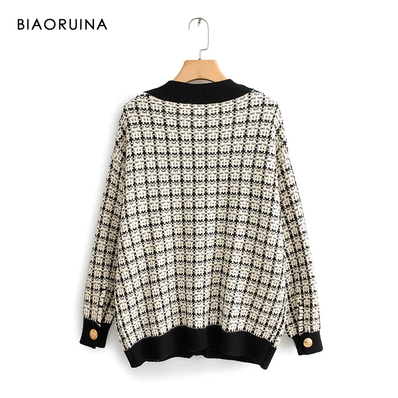 BIAORUINA Women's Fashion V-neck Chic Single Breasted Knit Cardigans Female Thick Keep Warm Swallow Gird Plaid Sweater Outerwear |