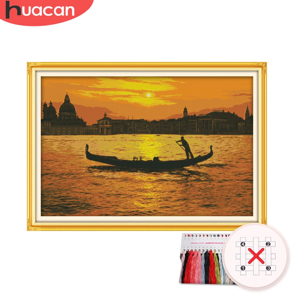 

HUACAN Cross Stitch City Scenery Kit Needlework Embroidery Venice Landscape Sets White Canvas DIY Gift Home Decor 11CT 14CT