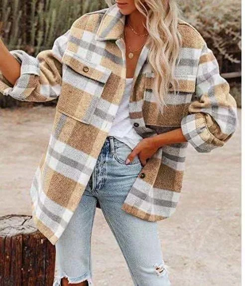 Women New Fashion 2021 Winter Warm Shirt Loose Casual Tops Coat Long Sleeved Loose Plaid Shirt Tweed Coat Female