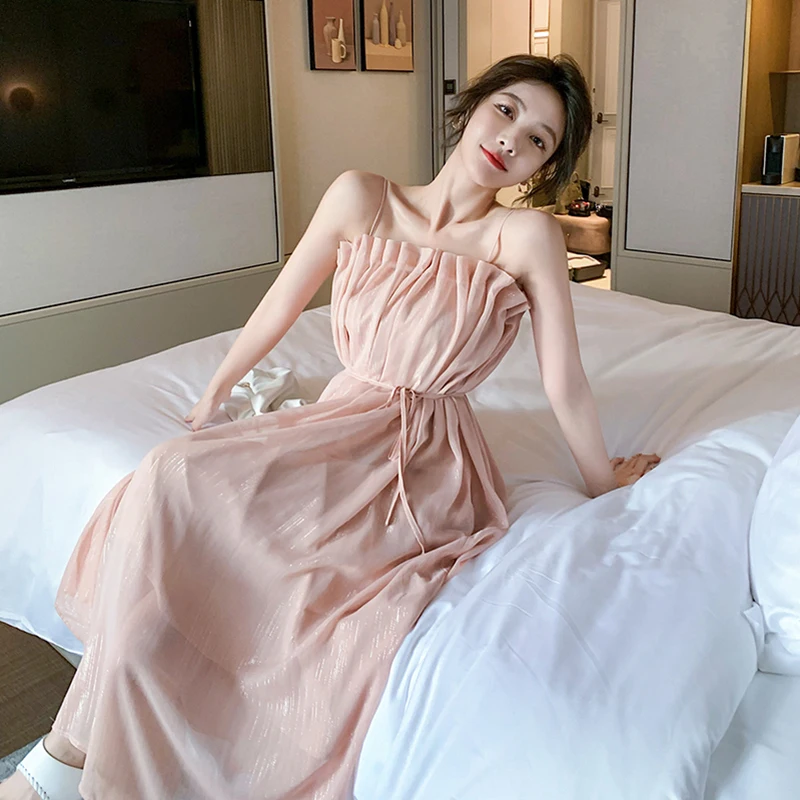

Summer 2021 Runway Elegant Korean Slim Fairy Beach Vacation Party Night Vestidos Women Long Backless Ruched Slip Dress Sundress