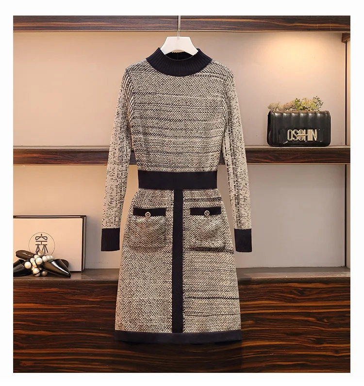 

Women Knitted Patchwork Sexy Mini Dress Pocket O Neck Sweater Dresses Autumn Winter Plus Size Lady Clothes Vestidos Mujer 2021