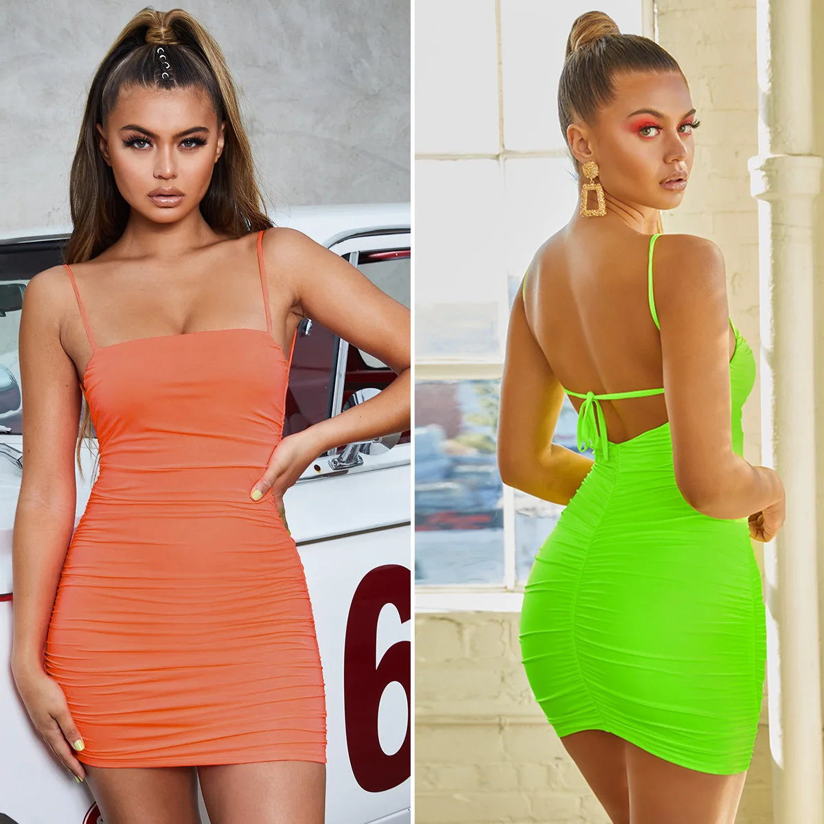 

Sexy Backless Lace up Slim-Fit Nightclub Women Mini Dress Black Green Short Party Dress Women Sleeveless Ruched Bodycon Dress XL