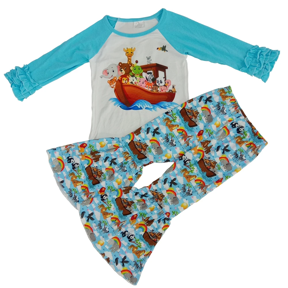 

2020 Baby Girls Fashion Fall Winter Clothing Set Hot Sale Noah's Ark Print Blue Icing Long Sleeve 2 pcs Teen Children Girls Set