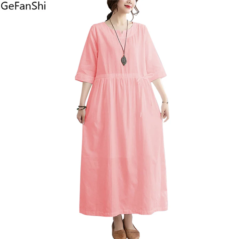 

Женское длинное платье с коротким рукавом, однотонное свободное Повседневное платье из хлопка и льна с V-образным вырезом, винтажное платье ...