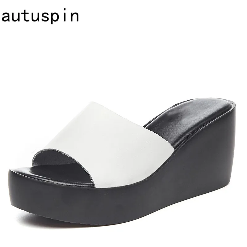 

Autuspin Mixed Colors High Heel Slippers for Women Genuine Leather Platform Wedged Slides Shoes Female Party Casual Shoes Woman