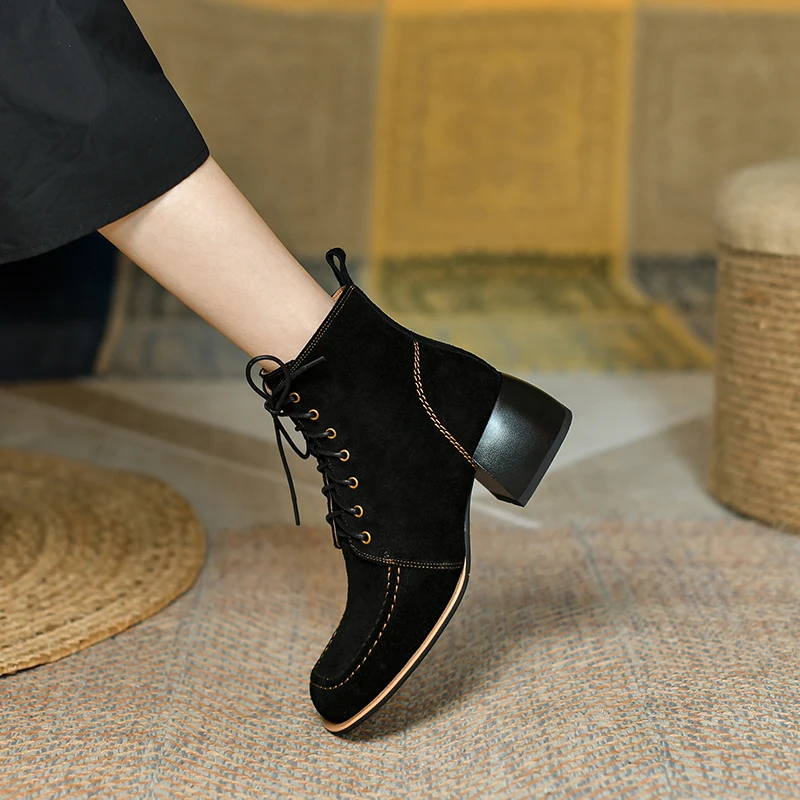 Murah Sepatu Bot Pergelangan Kaki Sepatu Bot Pendek Platform Hak Tinggi Wanita Kulit Suede Sepatu Wanita Sepatu Bot Baru Musim Gugur Musim Dingin Mode 2021 Sepatu Bertali