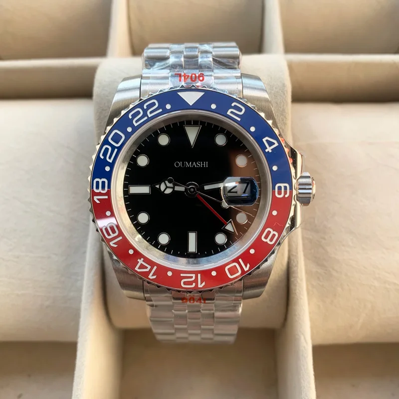 

NEW Men's 40mm Red Blue GMT Mechanical Watch Sapphire Crystal Glass Luminous 316 Stainless Steel Ceramic Bezel Jubilee Strap
