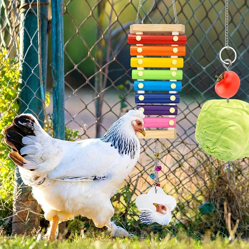

3 Packs Chicken Toys, Chicken Xylophone Toys with 8 Metal Keys and Chicken Mirror for Hens, Vegetable Hanging Feeder