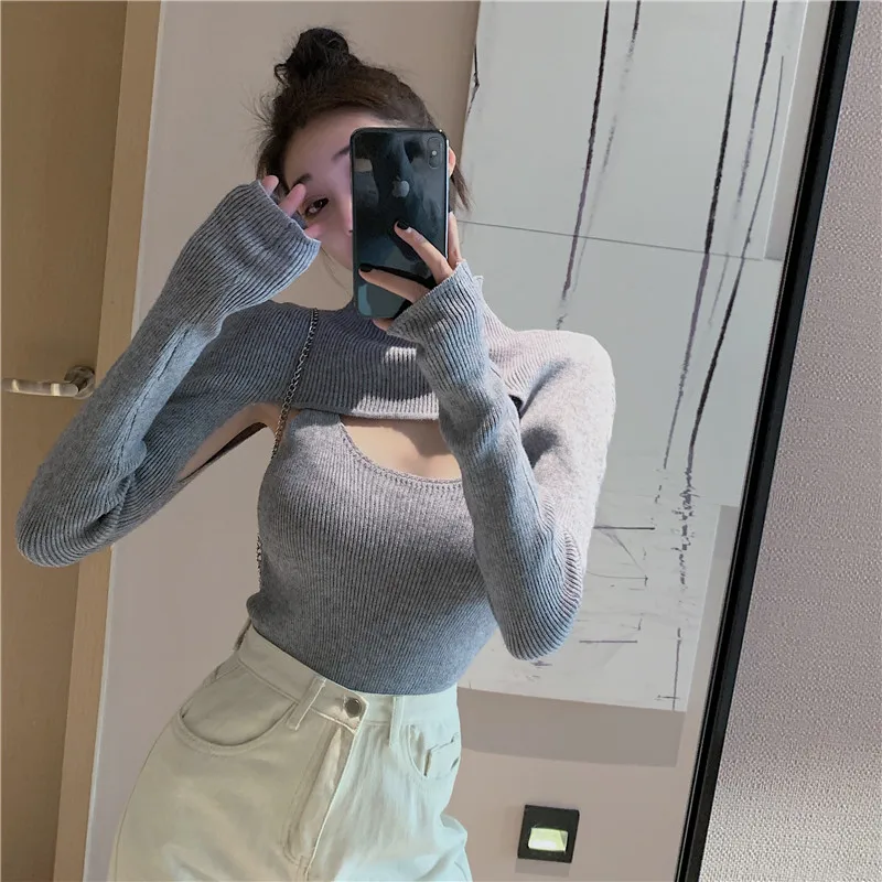 Простые Женские свитера с длинным рукавом и пуловеры комплект из двух предметов