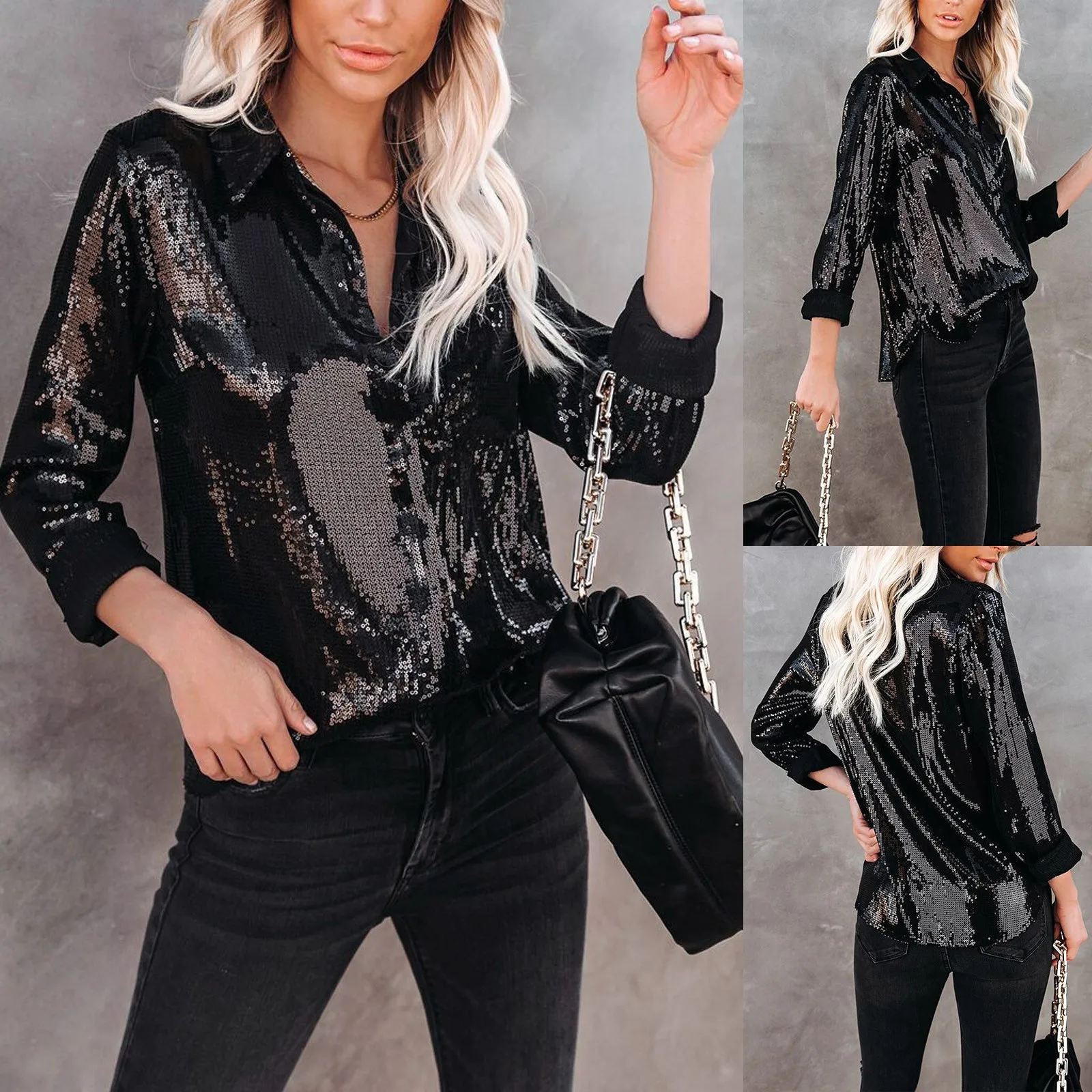 

Fashion Women Sexy Sequin Black Shirt Casual Long Sleeve Fall Streetwear Blouse Business Ldaies Loose Tops Camisa de las señoras