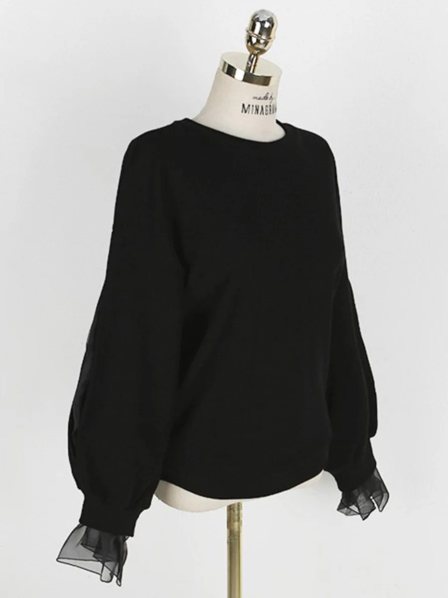 

Women Black Sweatshirt Cute Mesh Patchwork Spring Long Sleeve Hoodie Top Korean Fashion Pullover Jumper Autumn Clothes Casual