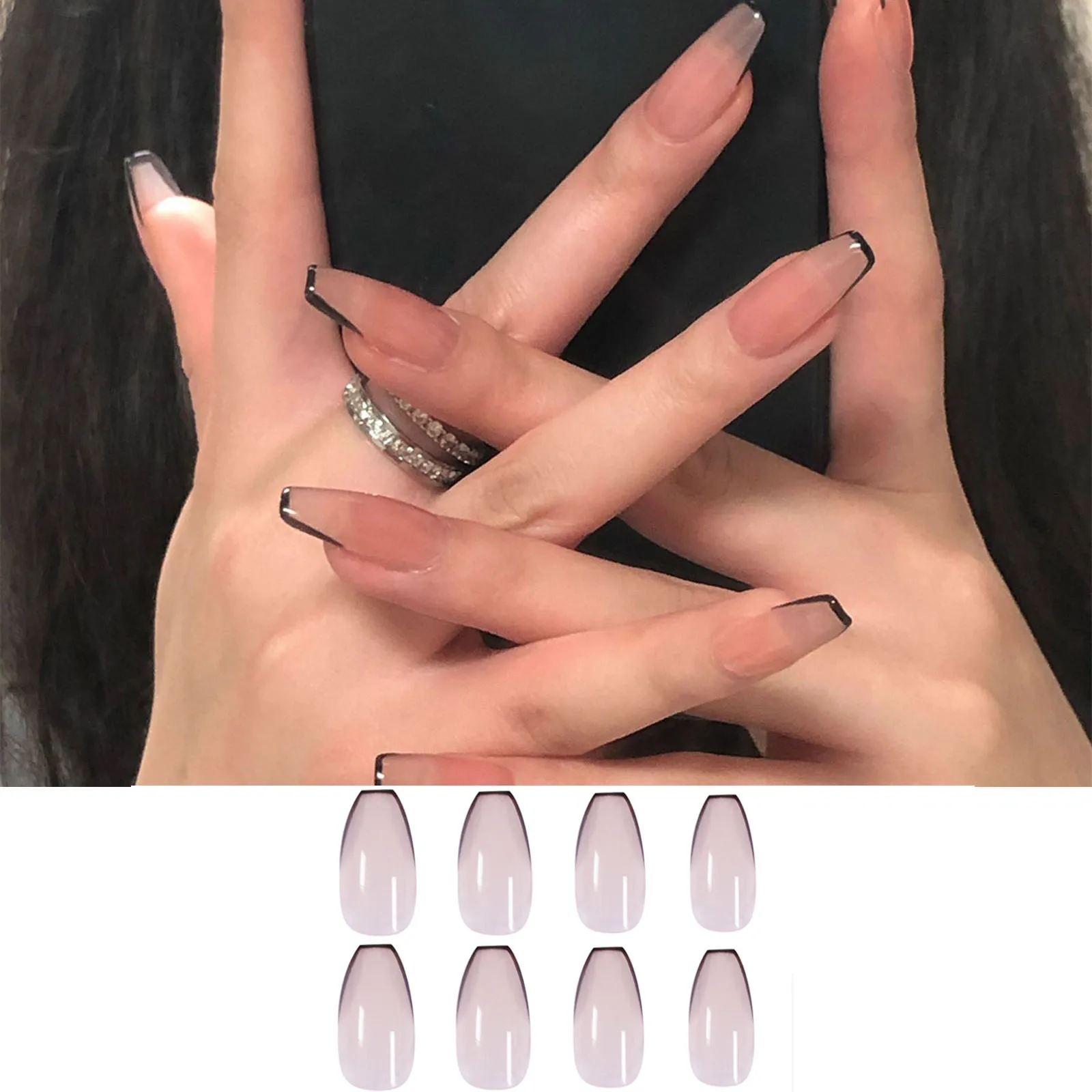 

24 шт. съемные накладные ногти для французского ношения накладные ногти полное покрытие накладные ногти Черные накладные ногти для французс...