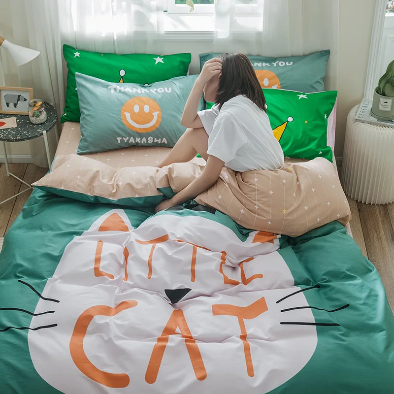 Capa de Edredão Verão Verde Gatinho Avatar Conjunto 100% Algodão Lençóis Consolador Capa Lençol Fronhas Gêmeo Única Rainha Tamanho