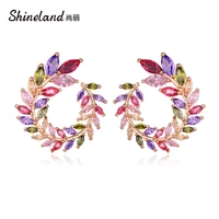 shineland 2021 new colorful rhinestone wreath leaves stud earrings for women sweet flower cirlce bohemian brincos wedding gift