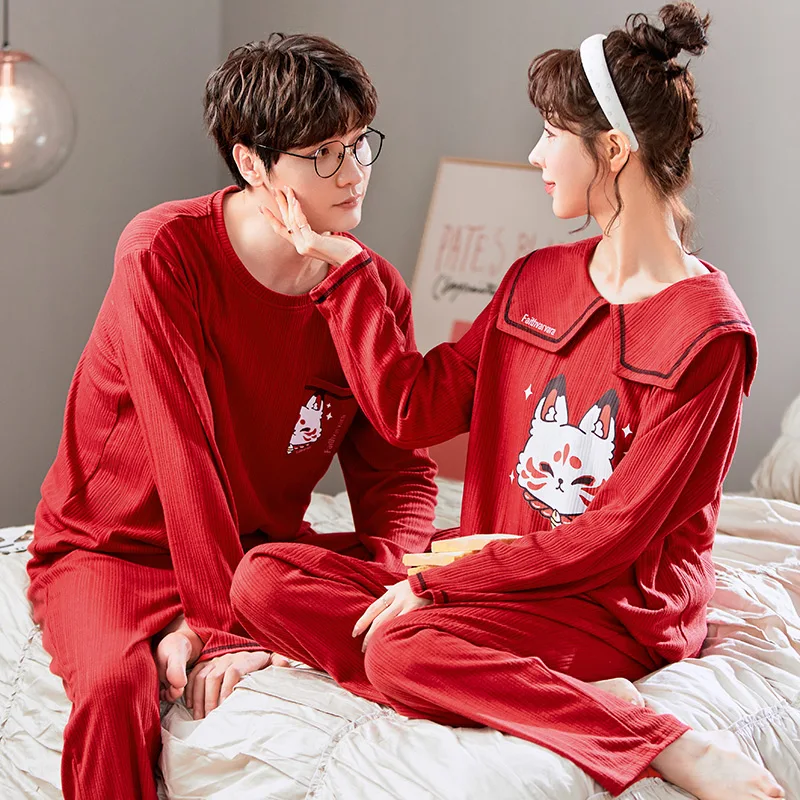Новые осенне-зимние хлопковые Пижамные комплекты для пар с длинным рукавом в