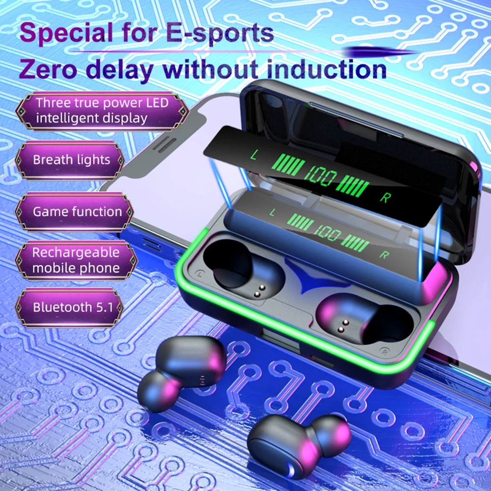 

Bluetooth 5.1 Earphones Set TWS Wireless Headphone HiFi Stereo Low Latency Waterproof Earbud with 3 LED Display