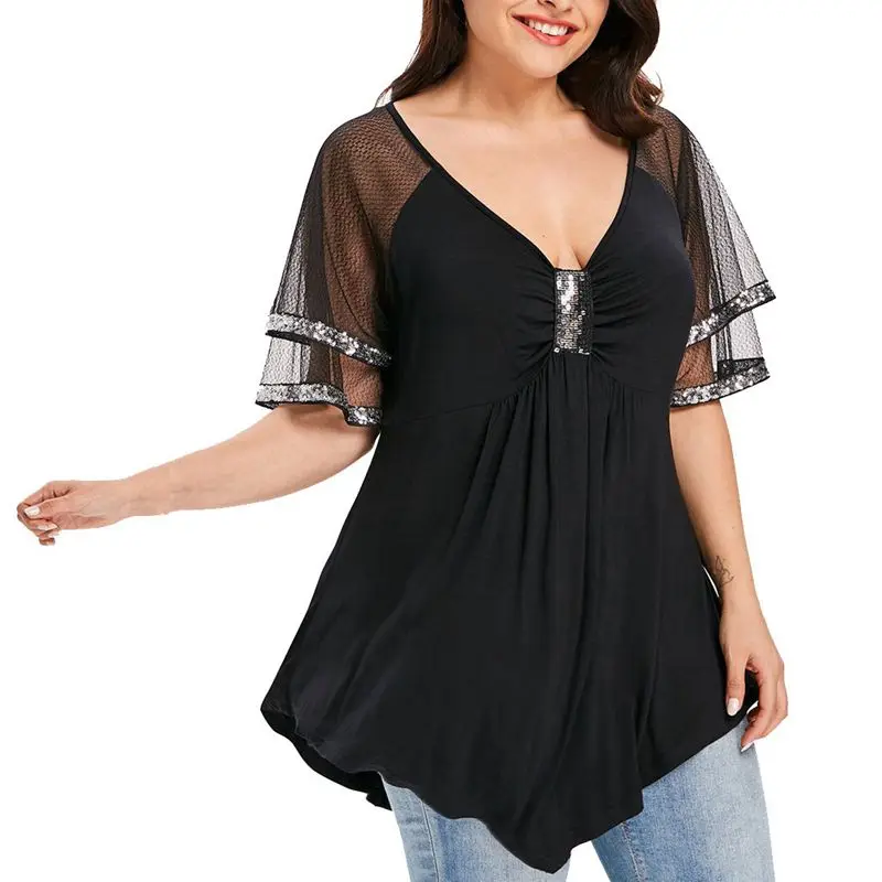 

Summer large size women's 3XL-7XL sexy deep V-neck net yarn sequin double-layer short sleeve irregular hem T-shirt bust 130CM