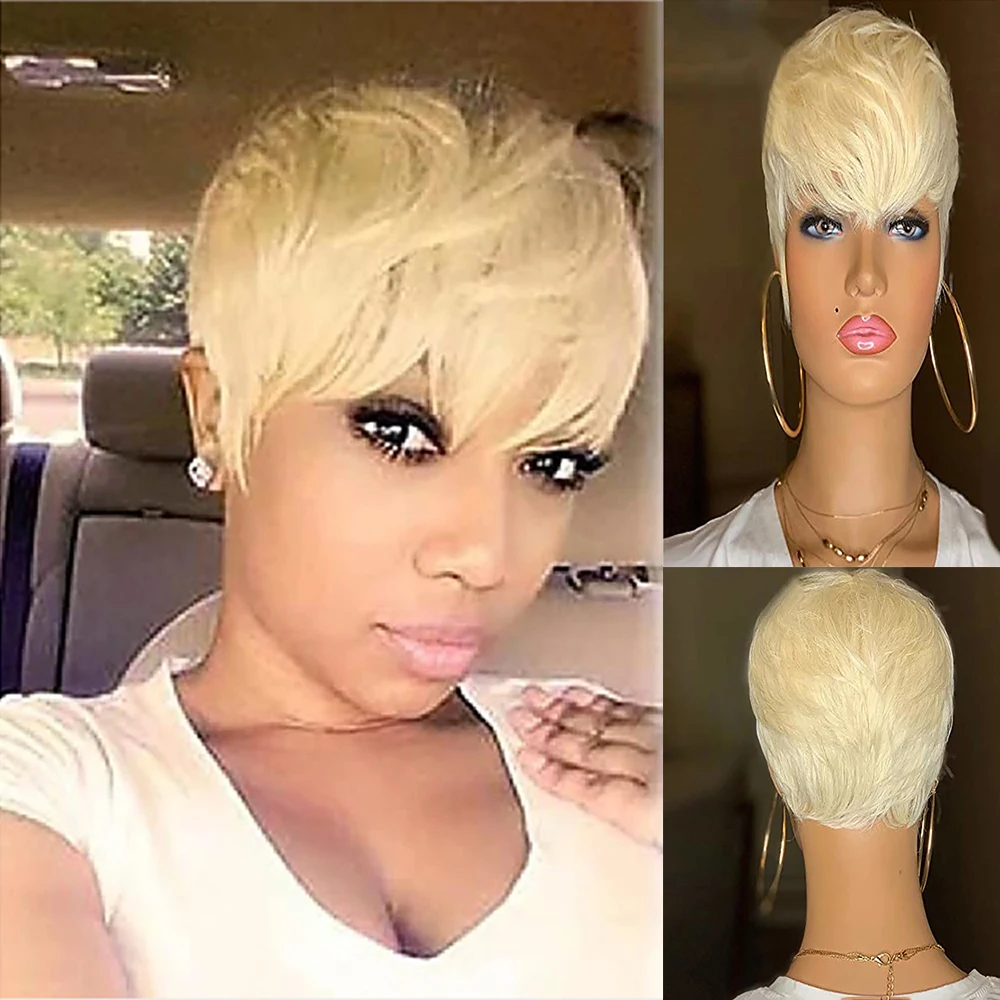 HAIRJOY Woman Synthetic Hair Short Straight Blonde Pixie  Haircut  Wig