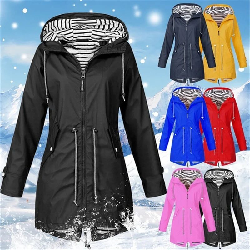 

Long windproof coat with hood, camping casual jacket with solid color and waterproof, fashion for autumn and winter 2021