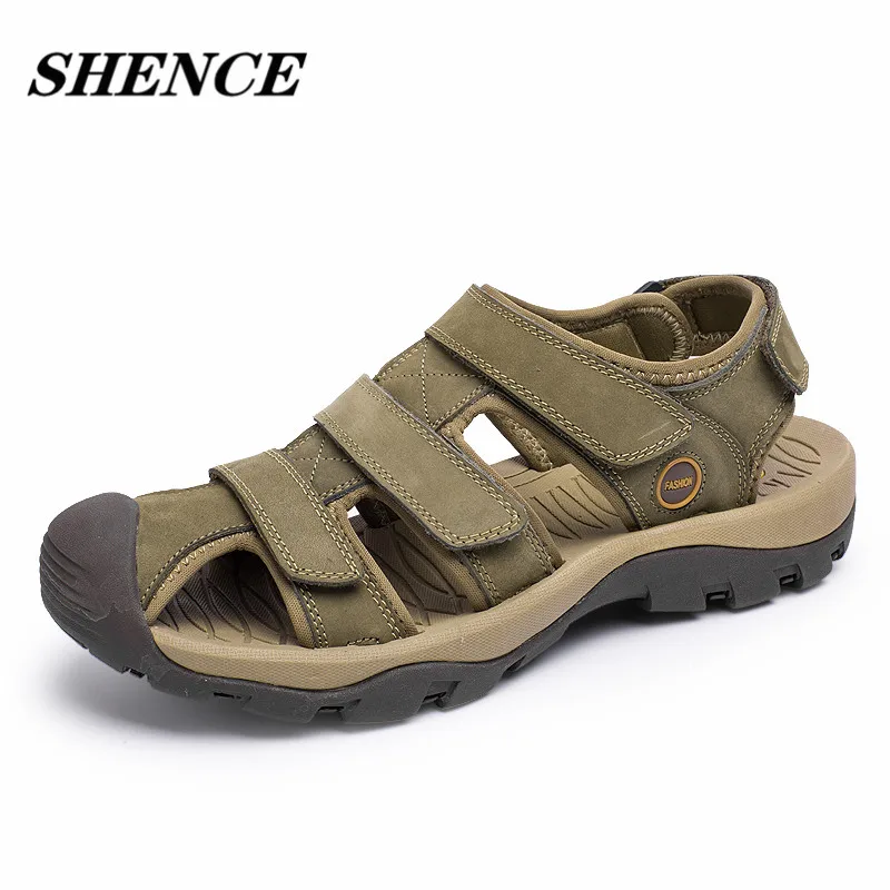 

SHENCE Summer Men's Casual Sandals the First Layer of Leather Breathable Vamp Outdoor Hiking Shoes Beach Shoes Soft Comfortable