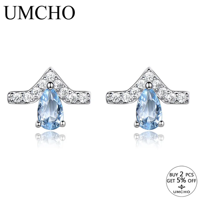 UMCHO Real 100% 925 Sterling Silver Jewelry Pear Created Sky Blue Topaz Stud Earrings For Women Wedding Gift Fine | Украшения и