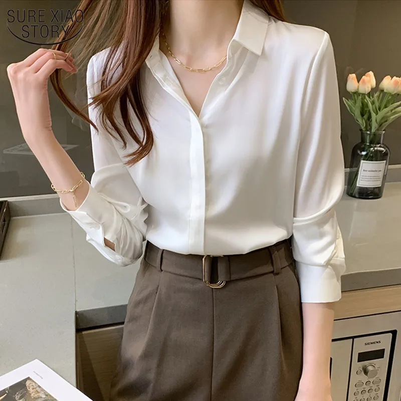 

Spring New Turn-down Collar Office Satin Shirt Blouses Women Long Sleeve Top Blouse Casual Chiffon Blouse Loose Solid Tops 12803