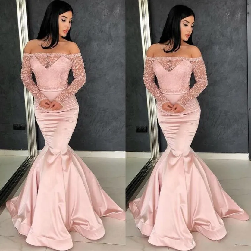 

Long Arabic Mermaid Evening Dresses Blush Pink Off Shoulder Sheer Long Sleeves Shiny Beading Elegant Prom Gown Turkey vestidos