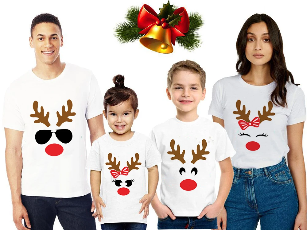 

Mother Daughter Father Son Clothes Aesthetic Camisetas Harajuku Tees 1pc Deer Face Print Christmas Family Matching White T Shirt