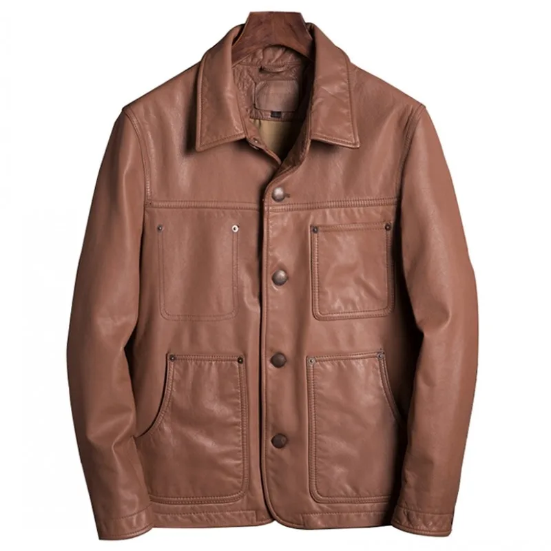 

Fashion Mens Genuine Leather Short Jacket Brand Classic Vintage Coat Male Slim Turndown-Collar Single Breasted Casual Jackets