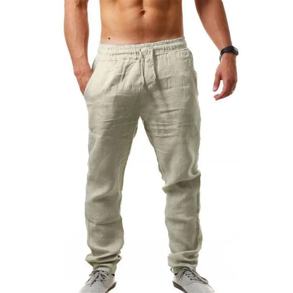 

Men Casual Sports Trousers Breathable Cotton Linen Drawstring Straight Leg Pants Beach Pants TC21