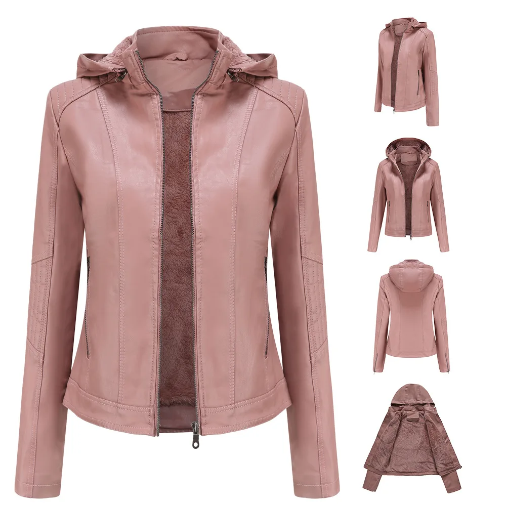 2021 new European and American autumn and winter leather jacket detachable Hat Women's plush leather coat
