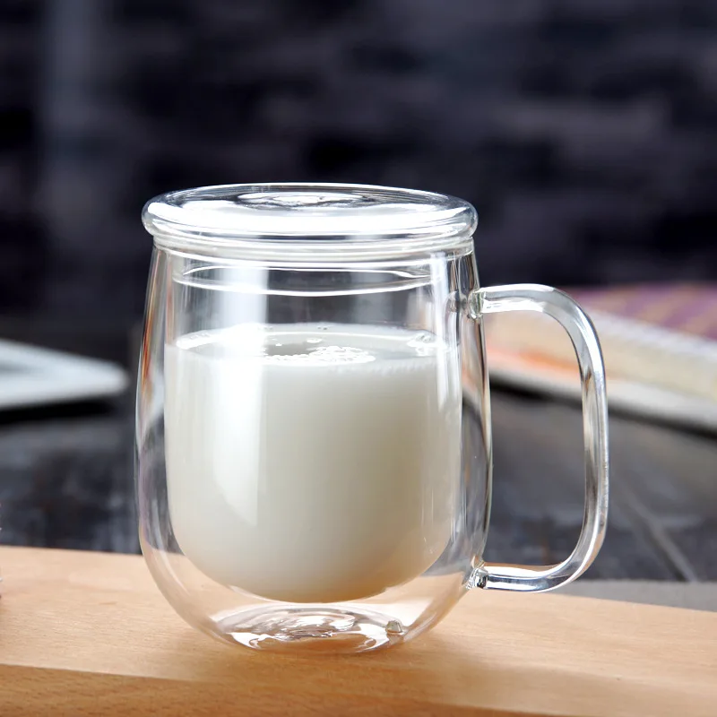 

250ml High Borosilicate Insulation Double Glazing Glass Fashion Heat-resistant Tea Cups Coffee Milk Drink Cup with Lid and Spoon