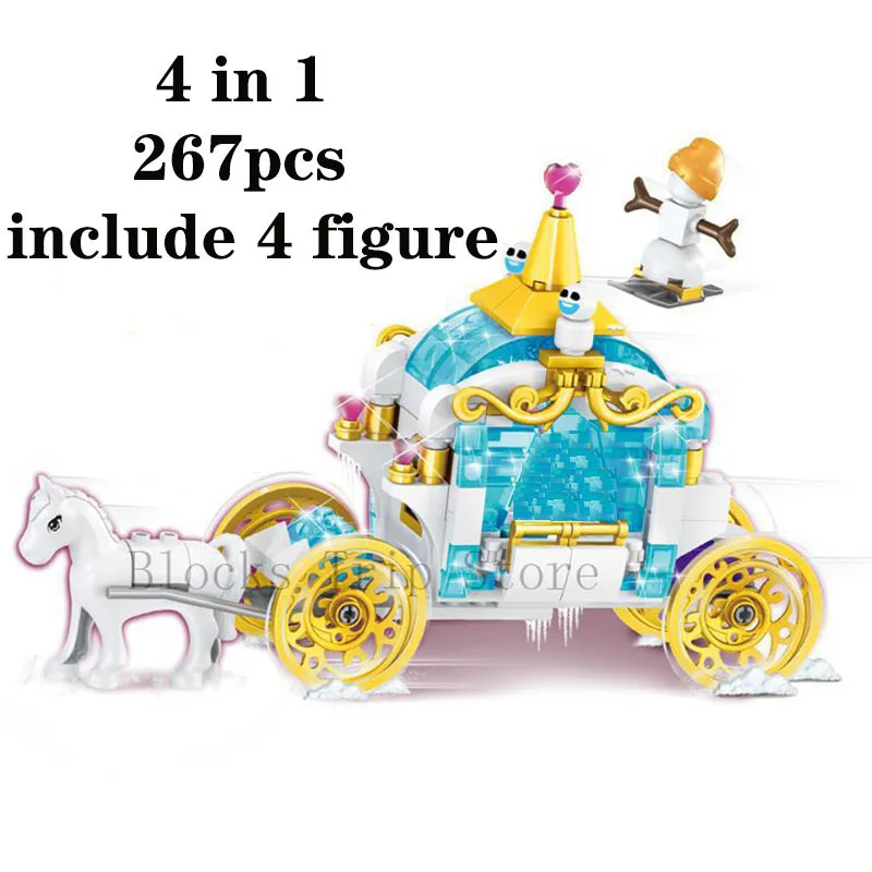 

2021 New Disney Princess Carriage Fantasy Ice and Snow World Puzzle Assembled Building Blocks Children's Toy Birthday Gift Boy