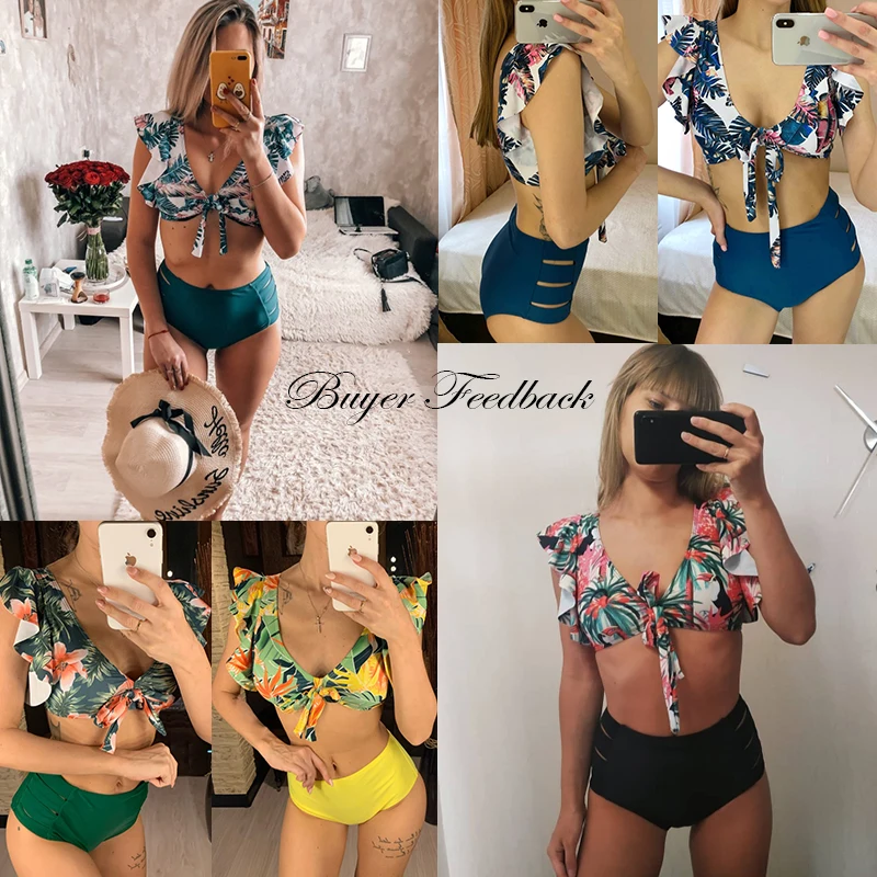 

High Waist Ruffled Sexy Bikini Set 2021 Flounce Biquini Swimwear Women Two Pieces Swimsuit Floral Beachwear V-Neck Bathing Suit