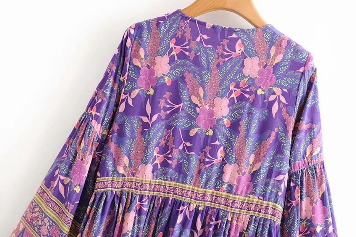 Vintage Chic Women Purple Floral Print V-neck Rayon Beach Bohemian Dresses Ladies Tassel Lace-up Summer Boho Maxi Dress Robe | Женская