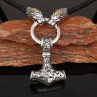 nordic mens two tone thors hammer pendant necklace viking stainless steel wolf scalp chain accessories viking jewelry