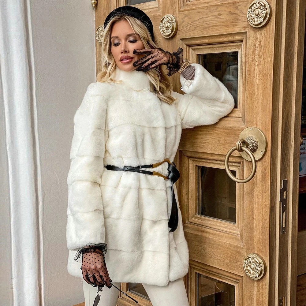 Women Natural Mink Fur Jacket Medium Length High Quality Genuine Fur Overcoats Luxury Woman Real Mink Fur Coats Casual Outwear