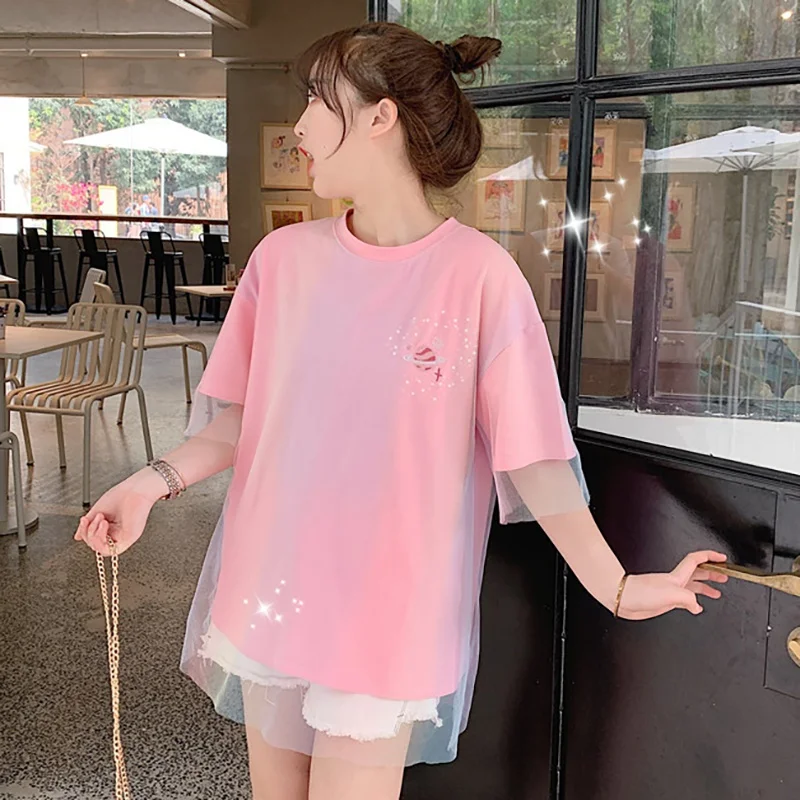 

Женская Повседневная футболка из двух частей с круглым вырезом и вышивкой, сетчатые свободные футболки с коротким рукавом