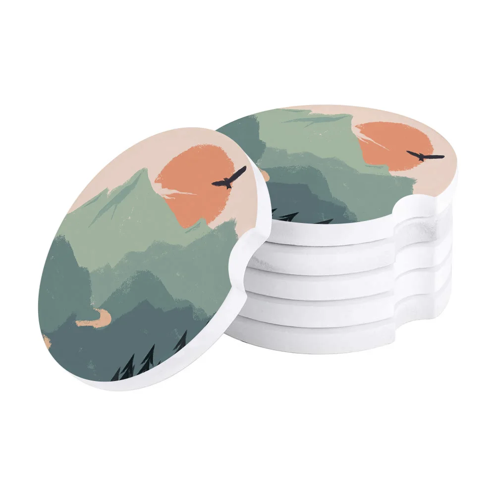 2 4 6pcs/set Ceramic Car Coaster Waterproof Mountain Water Sunrise Eagle Forest Cup Drink Mat Decoration Accessories | Дом и сад