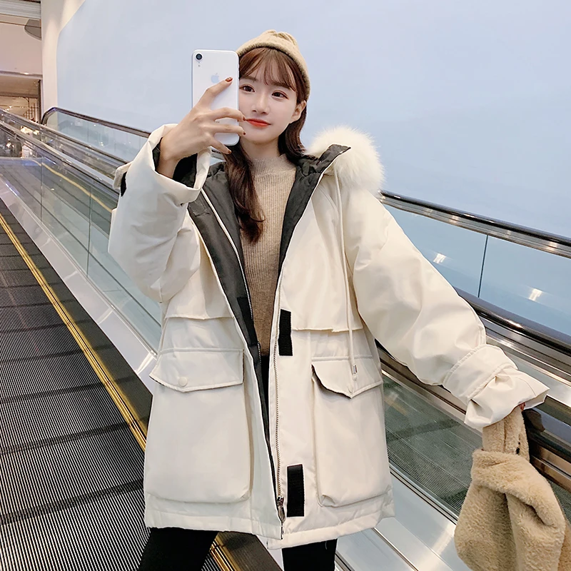 Уличное Женское зимнее пуховое пальто Длинная ветровка с капюшоном из