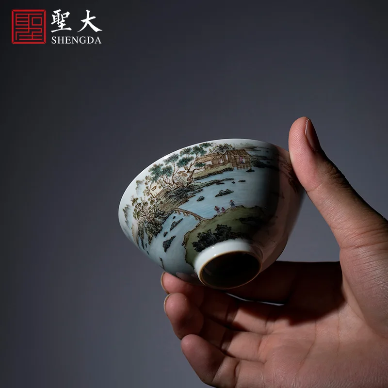 

hand-painted pastel landscape fisherman's song, jiangpu figure masters cup sample tea cup of jingdezhen tea service